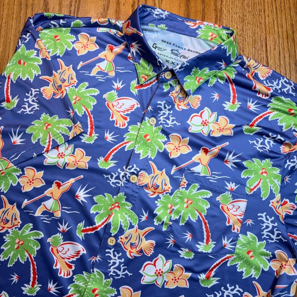 Reel Fish Hawaiian Shirt Mens XXXL Blue Tropical Performance Stretch Button Down